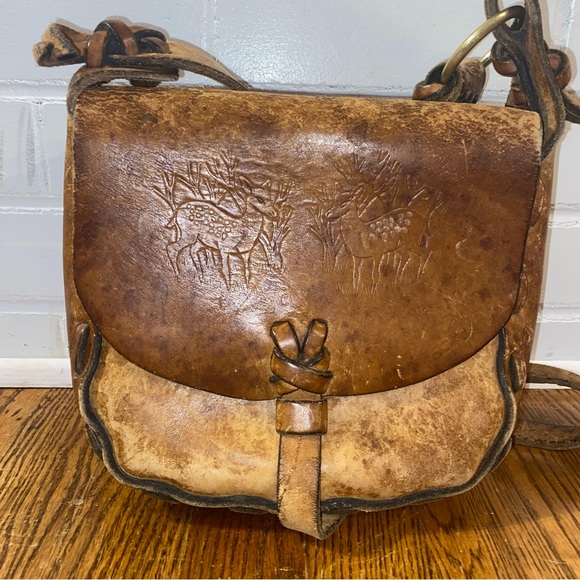 Vintage Bags Vtg Genuine Leather Handmade Engraved Baby Deer